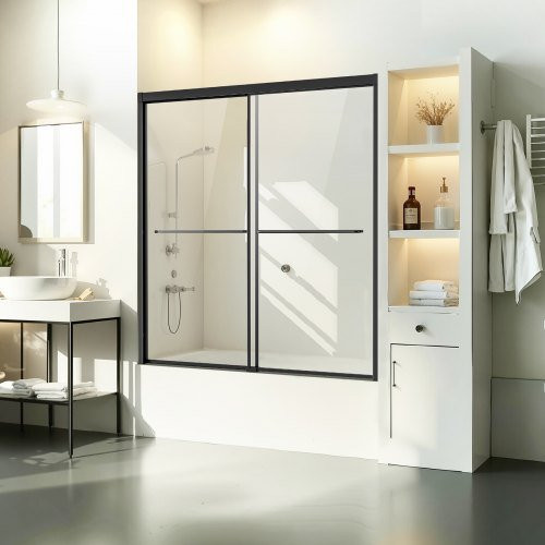 VEVOR Badewannen-Duschtür in Schwarz mit halbrahmenloser Schiebetür aus klarem gehärtetem Glas und Easy-Clean-Beschichtung, B: 152,4 cm, H: 152,4 cm - Bild 1