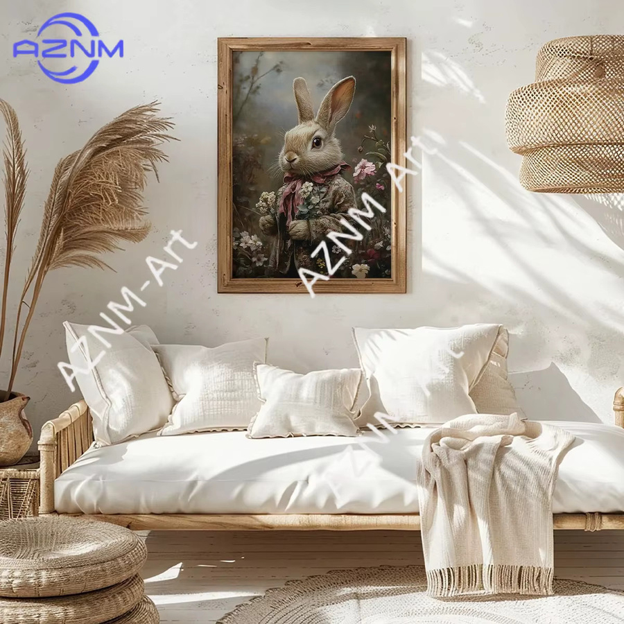 KAYOU Vintage Leinwanddruck Hase mit Wildblumen als Wandkunst im Cottagecore-Stil für Kinderzimmer und Osterdekoration, Mehrfarbig - Bild 2