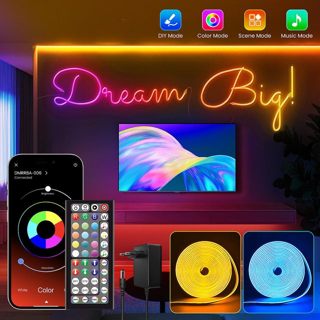 Mexllex RGB Neon Flex LED-Streifen in Multicolour mit Musik-Synchronisierung, App- und Fernbedienung sowie IP65 Wasserdichtigkeit für Außenbereich und Innenräume - Bild 1