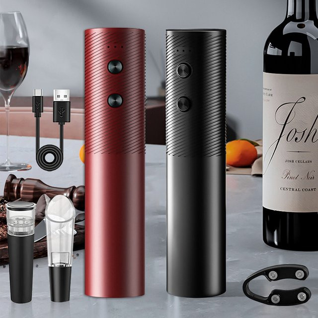 TCJJ Elektrischer Weinöffner Set, Wiederaufladbarer Automatischer Korkenzieher für Rotwein in Schwarz, USB-Ladefunktion - Bild 1