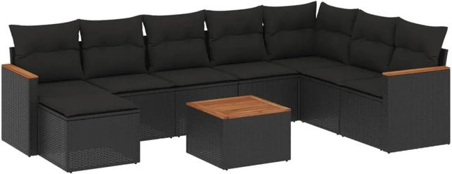vidaXL 9-tlg. Garten-Sofagarnitur in L-Form aus schwarzem Poly-Rattan mit Kissen und pulverbeschichtetem Stahlgestell - Bild 1