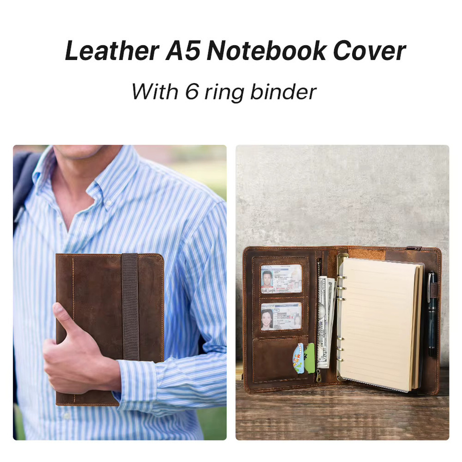 Retro Business A5 Notizbuch mit Lederbezug in Braun, Portfolio mit 6-Ring-Binder, Hardcover und Kartenfächern - Bild 5