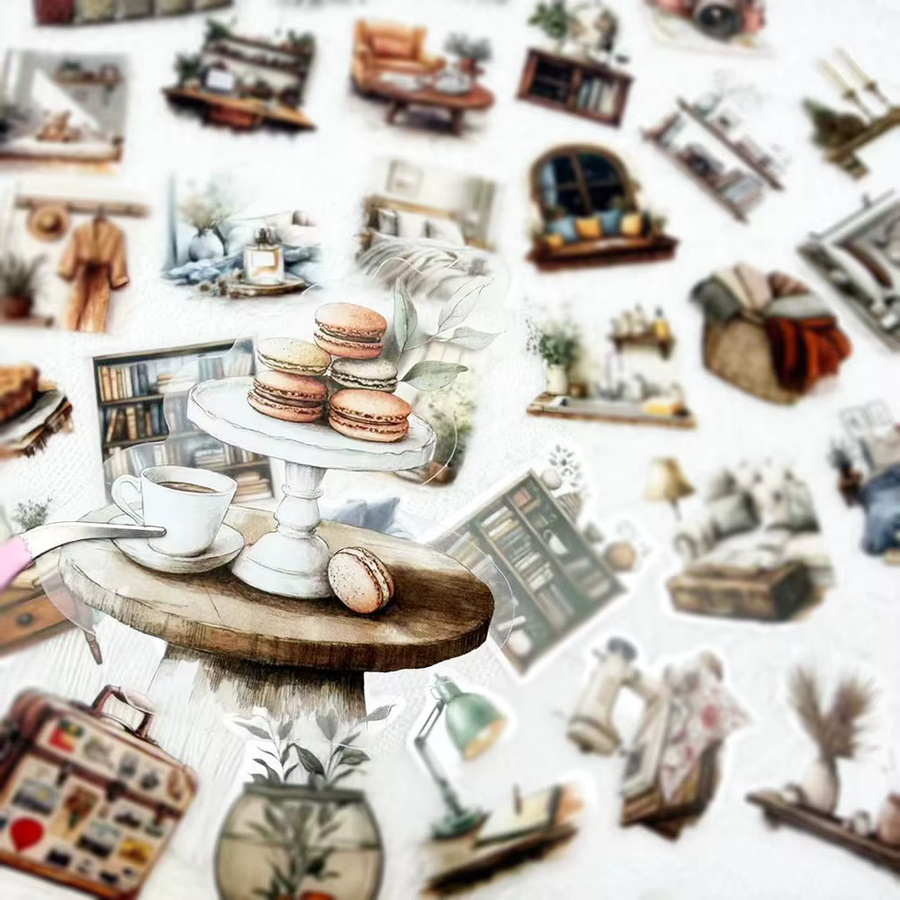 50 Stück Retro Home Art Transparent PET Aufkleber in Multicolour für Laptop, Notebook und Koffer, Wasserdichte DIY Ästhetische Aufkleber - Bild 2