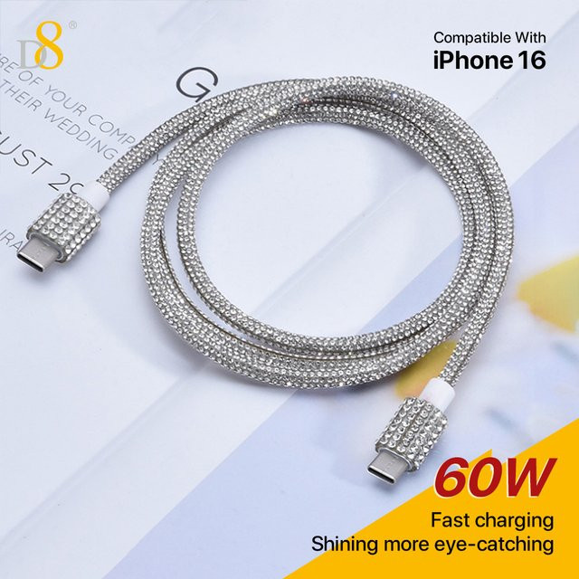 D8 USB C auf USB C Kabel 60W Schnellladung in Silber mit Kristalldekoration und Diamond Shine für iPhone 15, Pro, Plus, Pro Max und MacBook - Bild 1