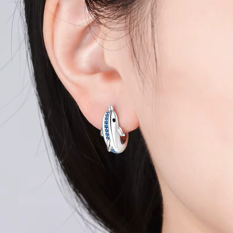 MISEFF Doppel-Creolen 925 Silber, Zirkonia, Damen, blauer Delphin - Bild 2