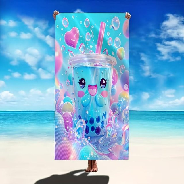 JMG Household Supplies Strandtuch mit Kawaii Boba Aufdruck in Pastellfarben aus weicher Mikrofaser, B/H: 70 x 40 cm, Multicolour - Bild 1