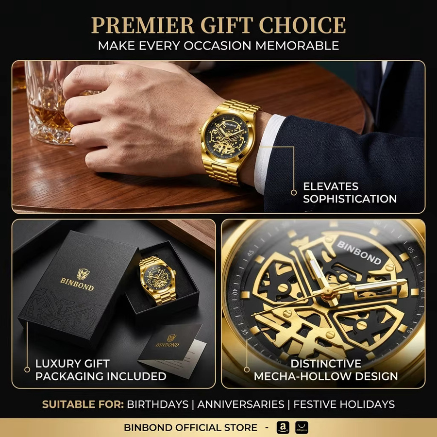 BINBOND Armbanduhr, Quarz, Edelstahl, Gold, Grün, Herren - Bild 5
