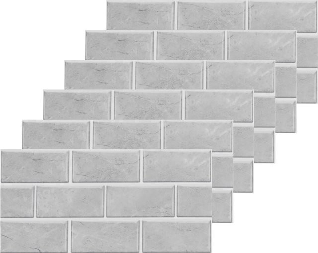 6 Stück KONNWEI Wandaufkleber in Grau mit Fliesenmuster, wasserdichte und selbstklebende Wandsticker im geometrischen Design für Küche und Zuhause - Bild 1