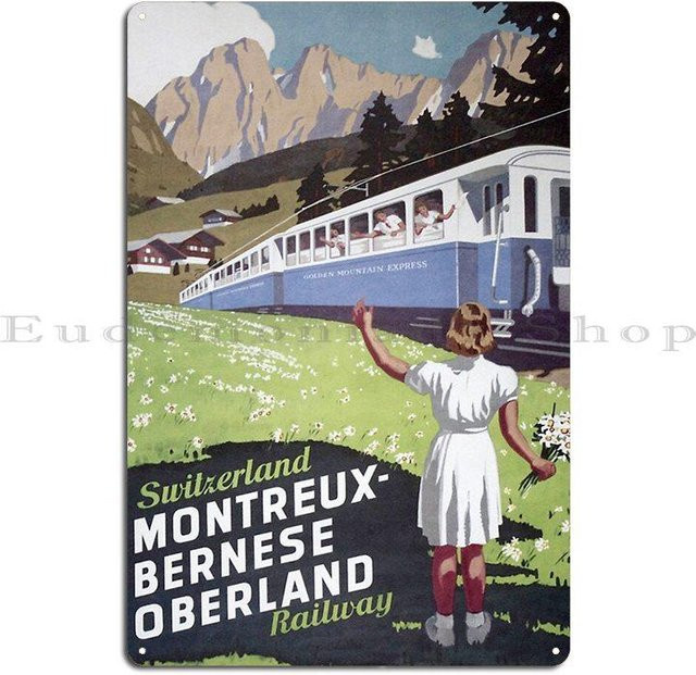 ZX ART Vintage Metallschild Schweizer Alpen Zugreise Wanddeko B: 40 cm, H: 30 cm - Bild 1