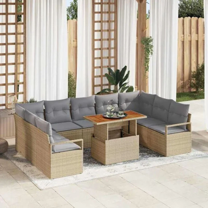 Vidaxl Polyrattan Garten-Sofa-Set mit 10 Teilen und Kissen, Modernes Loungemöbel in Beige und Grau, B/T/H: 100 x 55 x 73 cm - Bild 1