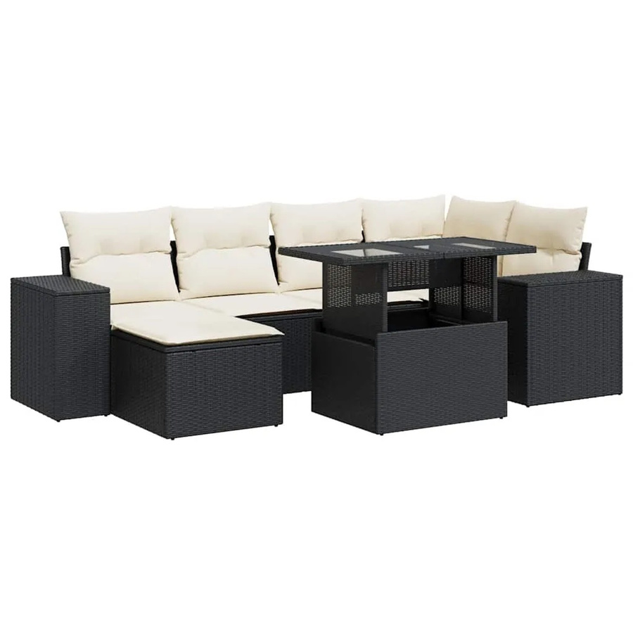 vidaXL 7-teilige Garten-Sofagarnitur in L-Form aus Poly-Rattan mit Kissen in Schwarz und Cremeweiß - Bild 2