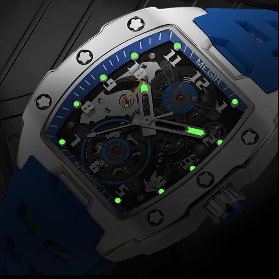 MEGIR Armbanduhr, Automatik, Tonneau, Edelstahl, Blau, Herren - Bild 2