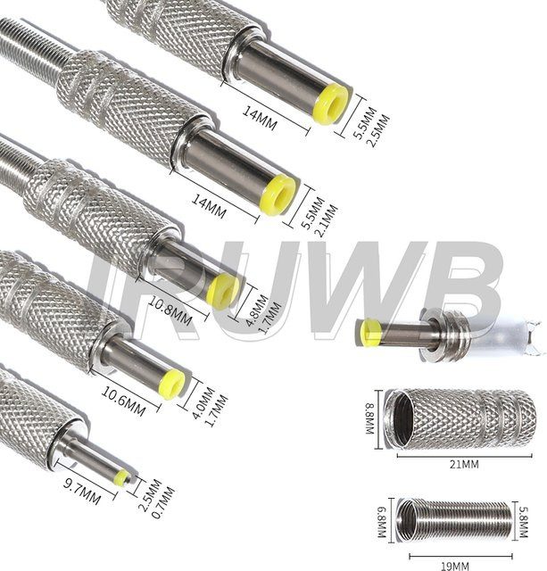 5 Stück DC-Stromanschluss Stecker Metall-Adapter mit gelbem Kopf, Set mit verschiedenen Größen: 5,5x2,5mm, 5,5x2,1mm, 4,8x1,7mm, 4,0x1,7mm und 2,5x0,7mm, Farbe: Gelb/Silber - Bild 1