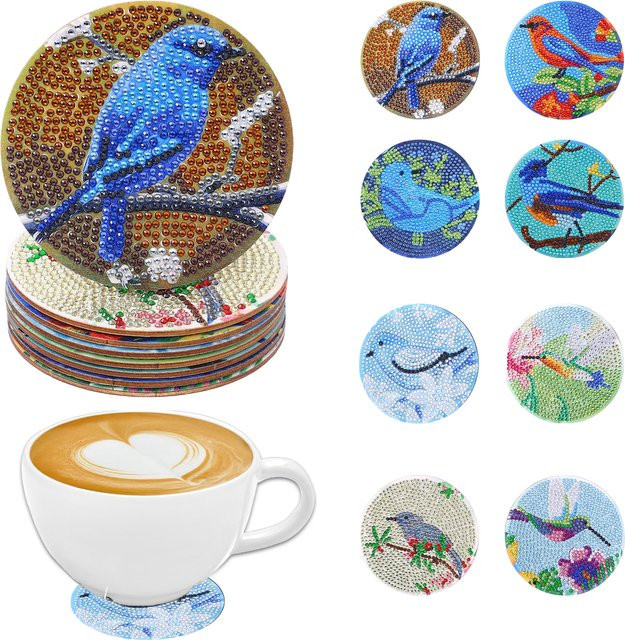 8-teiliges DIY-Diamant-Malerei-Kunstset mit Vogelmuster und Untersetzern in Multicolor für Mosaik-Kristall-Projekte - Bild 1