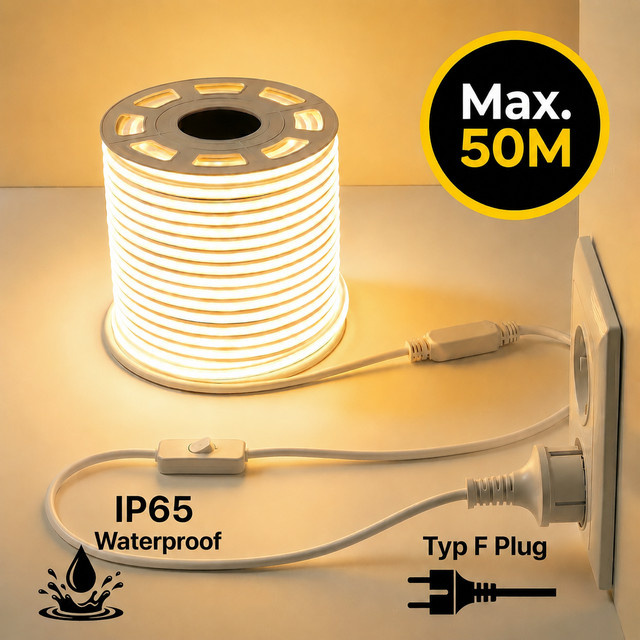 SETONR COB LED-Lichtleiste in Weiß, flexibles LED-Band mit 288 LEDs/m, AC 220V-230V, selbstklebend mit EU-Stecker und Schalter - Bild 1