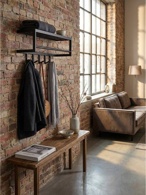 Moderne Wandgarderobe aus Metall von KADIMA DESIGN in Schwarz mit Ablage und Hutablage, B/T/H: 70 x 20 x 20 cm - Bild 1