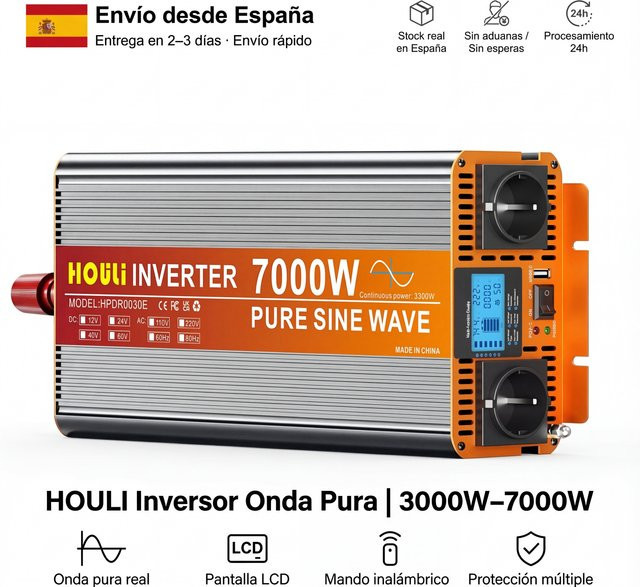HOULI Reiner Sinus-Wechselrichter 1500W 3000W 12V auf 230V Stromwandler mit Fernbedienung für Haus, Solar und Wohnmobil - Bild 1