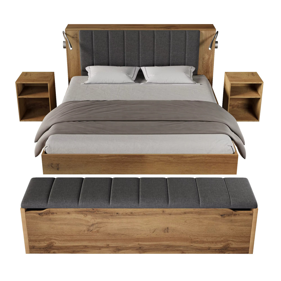 KOMHTOM Doppelbett aus Holz in Eichefarben mit klappbarem Leinen-Kopfteil, integrierten Nachttischen, Bettbank mit Stauraum und USB-Leselampen - Bild 4