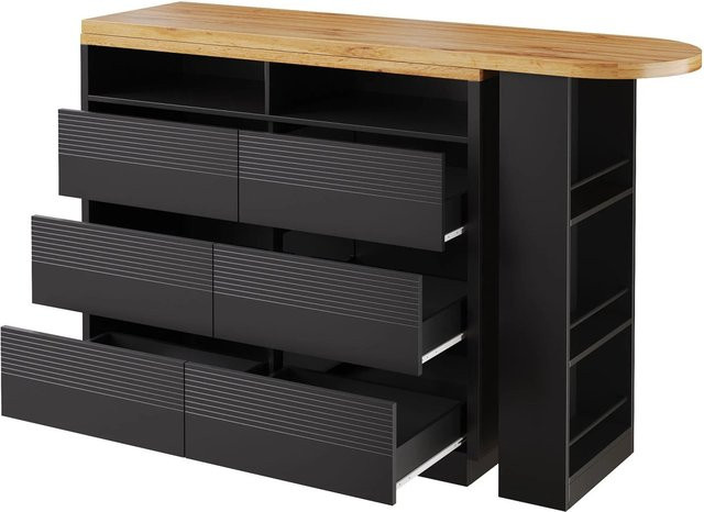Merax Ausziehbarer Bartisch mit 6 Schubladen als Kücheninsel in Braun, B/T/H: 137-215 x 39 x 102,3 cm - Bild 1