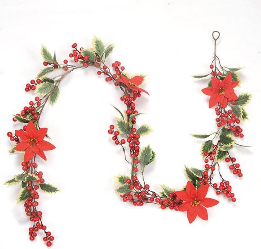 Tooarts Weihnachtliche Stechpalmen-Girlande mit roten Beeren und grünen Blättern aus Kunststoff, 195 cm - Bild 1
