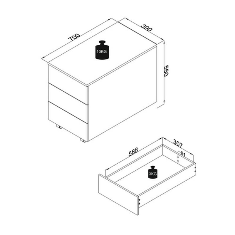 Rollcontainer Dalosa aus Holz in Anthrazit mit 3 grifflosen Schubladen, B/T/H: 39 x 70 x 55 cm - Bild 3