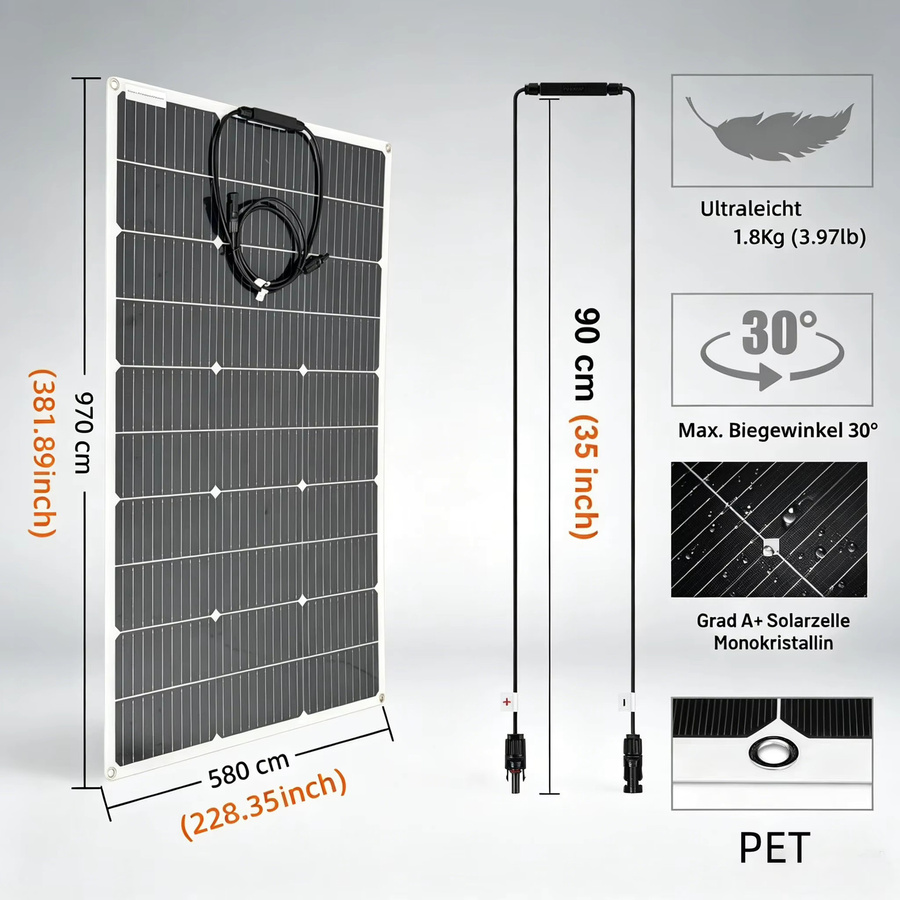 JINGYANGPV 100W PET Flexibles Monokristallines Solarmodul Tragbares Solarladegerät in Schwarz für Wohnmobile Camping Yachten und Outdoor-Batterieversorgung - Bild 2