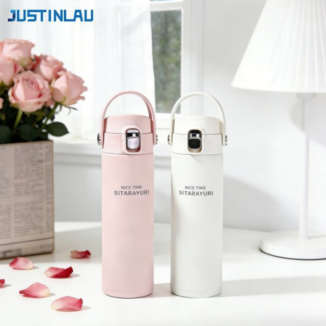 JUSTINLAU Thermosbecher aus Edelstahl mit Pop-Top-Verschluss, isolierter Trinkbecher, auslaufsicher, Schwarz, 500 ml - Bild 1