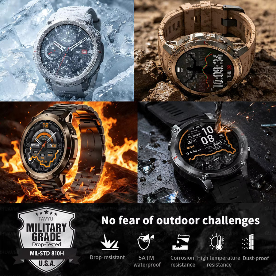 GUHUAVMI Premium Militär-Smartwatch für Herren in Grau mit GPS-Outdoor-Navigation, Offline-Karten, 5ATM Wasserdichtigkeit, Kompass, Höhenmesser, Barometer und Bluetooth-Anruffunktion - Bild 6