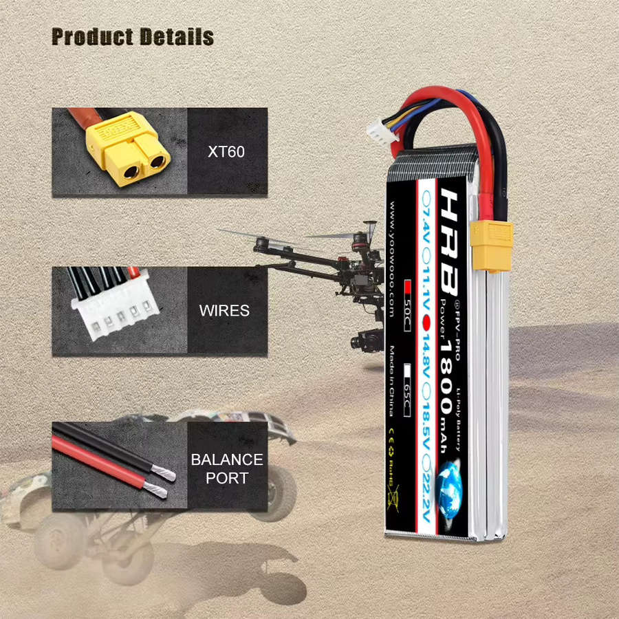 HRB Li-Ion Pack Lipo Batterie 14,8 V 1800 mAh 50C Schwarz für RC Quadcopter Hubschrauber Boot Auto Flugzeug - Bild 4