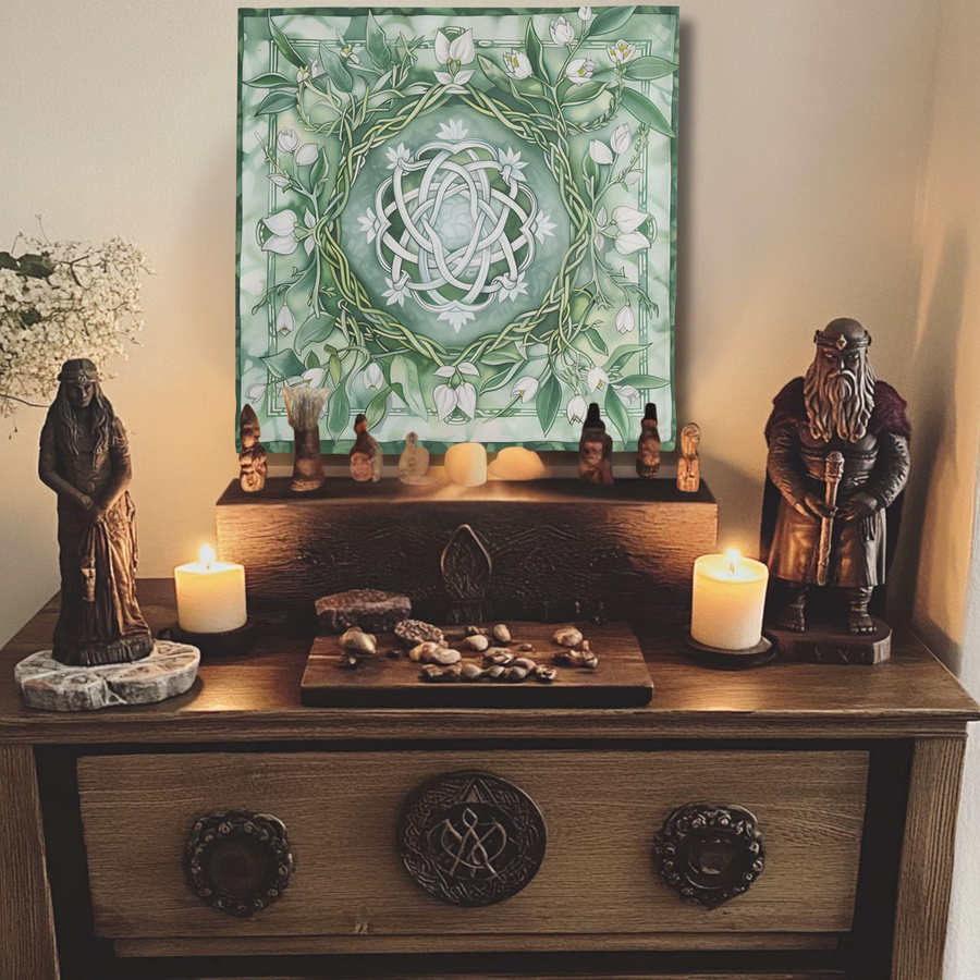 VIKAMA Tischdecke mit keltischem Knoten und Schneeflocken-Blumen-Design in Hellgrün für Tarot und Rituale - Bild 2