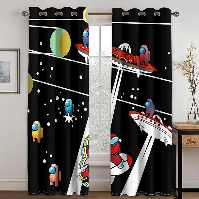 A Family Of Home Textiles 2er-Set dünne Fenstervorhänge mit 3D-Cartoon-Weltraum-Motiv, Planeten und Raumschiffen, halbtransparent, Mehrfarbig, Höhe: 200 cm, Breite: 170 cm - Bild 1
