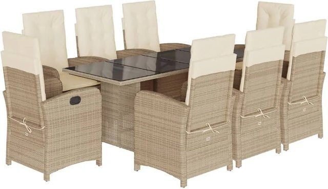 vidaXL 9-teilige Garten-Essgruppe aus PE-Rattan in Beige mit Kissen und Hartglas-Tischplatte - Bild 1
