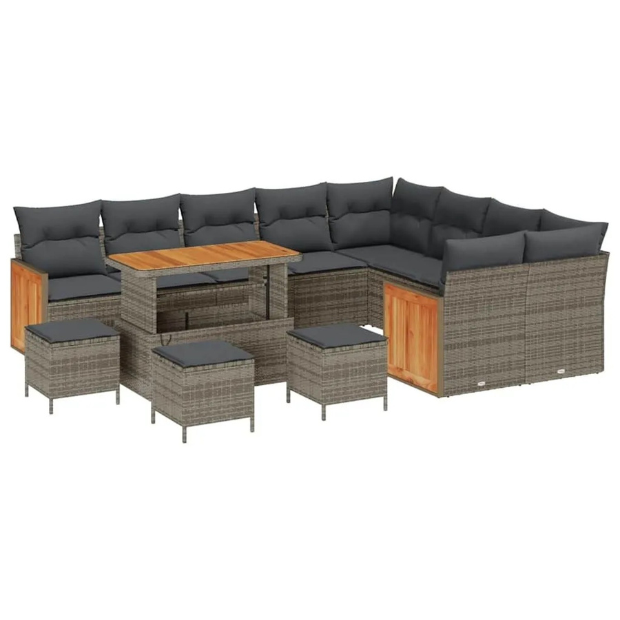 vidaXL Gartensofa-Set aus Poly-Rattan und Akazie in Grau mit 14-teiligem Kissen-Set - Bild 2