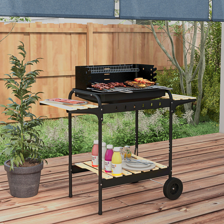 Outsunny Holzkohlegrill BBQ Smoker aus Metall mit Rädern, höhenverstellbarem Grillrost und Holzablage, B/T/H: 103 x 47 x 95 cm - Bild 2