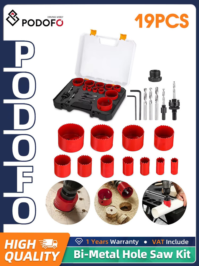 Podofo 19-teiliges M42 Bi-Metall Lochsägen-Set in Rot mit 11 Sägeblättern, 2 Schaftstücken und 3 Bohrern für Aluminium, Holz und PVC - Bild 7
