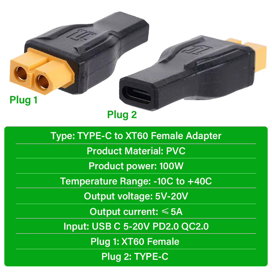KingHui USB C auf XT60 Adapter Typ-C auf XT60 Buchse 100 W 5 A Ladeanschlussstecker in Schwarz für Lithium-Energiespeicher und RC Flugzeuge - Bild 5