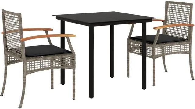 vidaXL 3-teilige Garten-Essgruppe aus Poly Rattan und Akazienholz in Grau mit Kissen und Glastisch - Bild 1