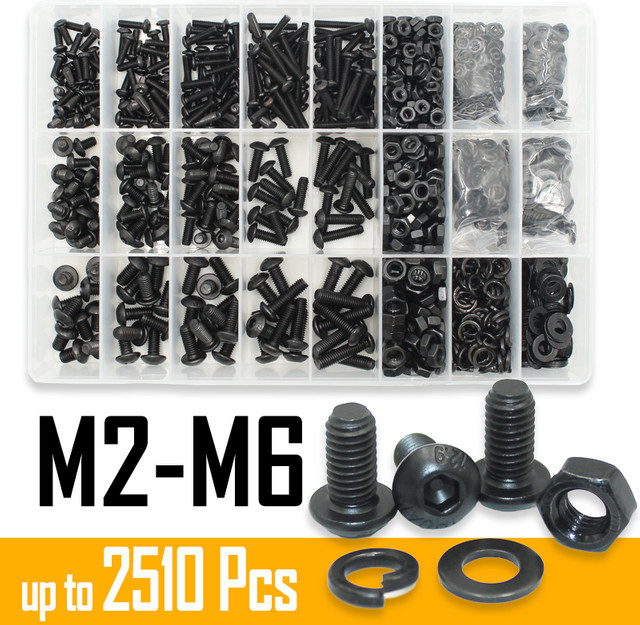 YMAX 2510-teiliges Rundkopfschrauben-Set aus Stahl in Schwarz mit Innensechskant-Knopfschrauben, Muttern und Unterlegscheiben in den Größen M2 bis M6 (Güteklasse 10.9) - Bild 1