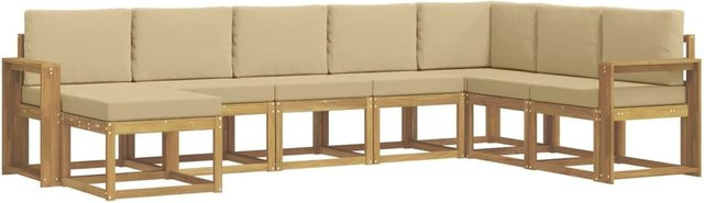 vidaXL Outdoor-Sofagarnitur L-Form aus Akazienholz mit 8 Kissen in Weiß und Beige - Bild 1