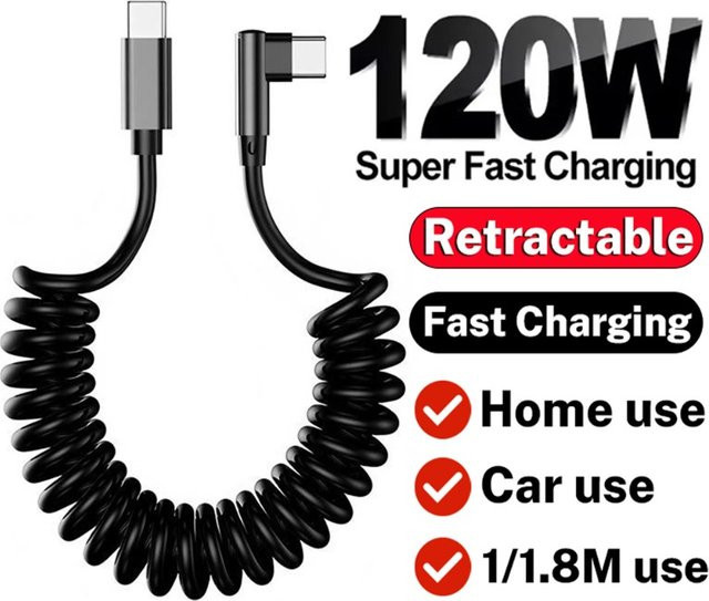 Aufrollbares 120W USB-C-zu-USB-C Schnellladekabel in Schwarz mit rechtwinkligem Anschluss für iPhone, Samsung und Xiaomi sowie Carplay-Unterstützung - Bild 1