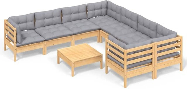 vidaXL 9-teiliges Garten-Lounge-Set aus Kiefernholz mit grauen Polstern - Bild 1