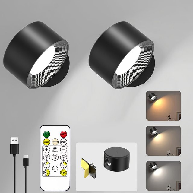 Dimmbare LED Wandleuchten mit Fernbedienung, Wiederaufladbare Magnetische Nachtlampe mit 3 Farbtemperaturen und 360 Grad Rotation - Bild 1