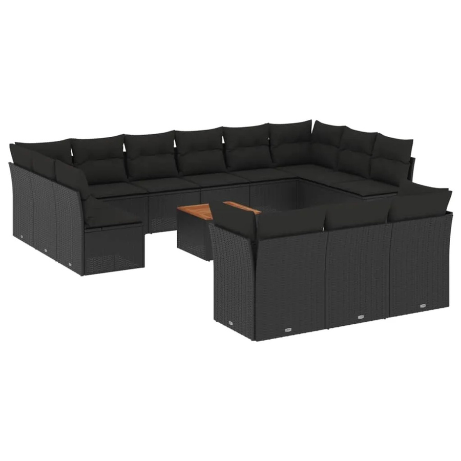 vidaXL 14-teilige Garten-Sofagarnitur aus Poly-Rattan und Akazienholz in Schwarz mit Kissen - Bild 2