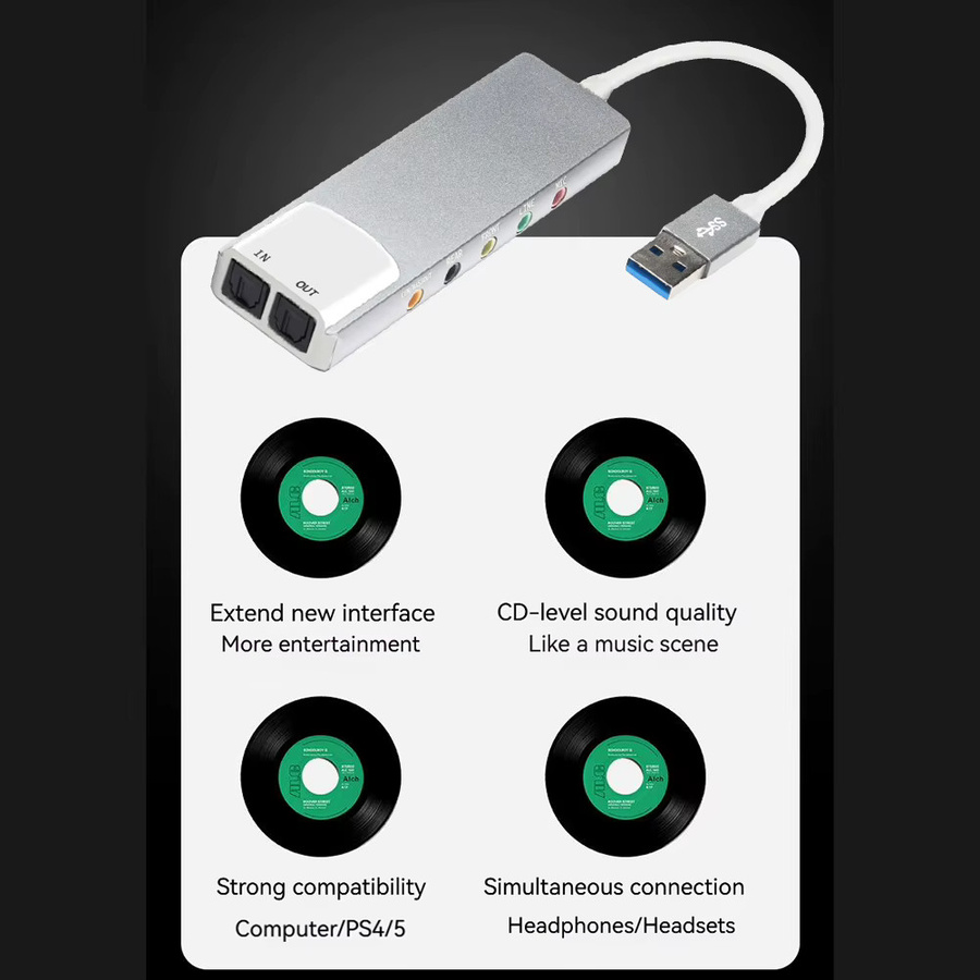 USB-Audioadapter AC-3 DTS Soundkarte mit 7.1 und 5.1 Kanal sowie SPDIF und optischem Anschluss in Grau aus Aluminiumlegierung - Bild 2