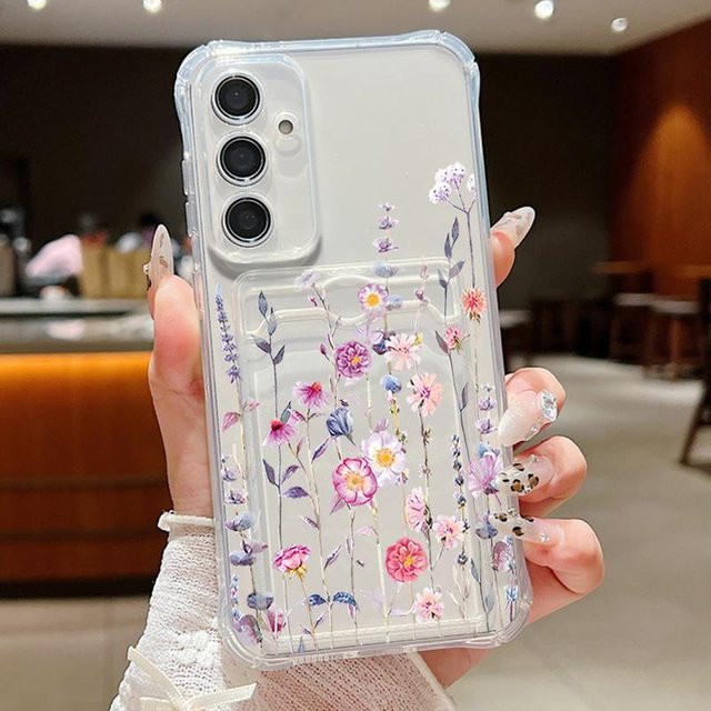 Samsung Handyhülle mit Kartenetui und Blumenmuster aus weichem TPU für Galaxy S24 FE, S23, S22 Ultra, A56, A55, A25, A15, A16 5G in Transparent - Bild 1