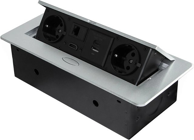 Emuca Multistecker Atom 26 in Metallic Grau mit 2 Schuko-Steckdosen, 1 USB Typ A, 1 USB Typ C, 1 RJ45 und 1 HDMI, B/H: 225 x 111 mm - Bild 1