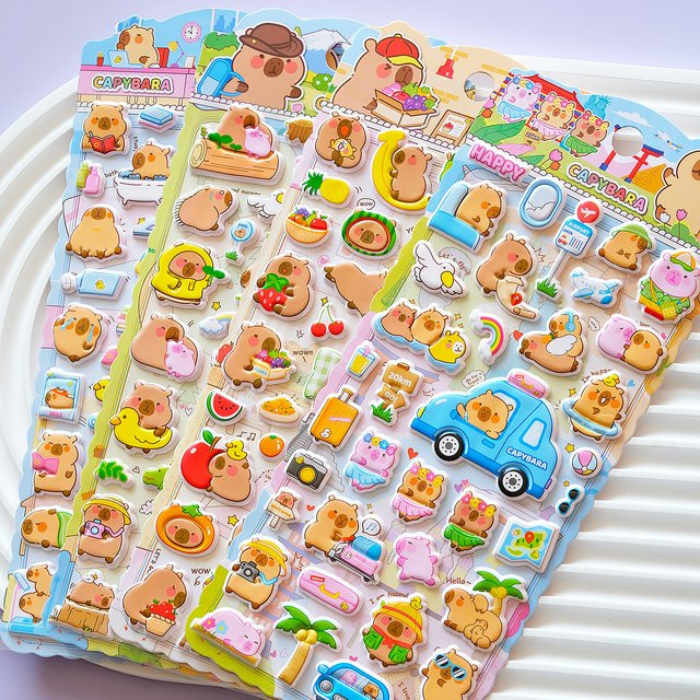 4 Stück Capybara Work Hard Life 3D Puffy Aufkleber in Multicolour für Scrapbooking und Journaling - Bild 1