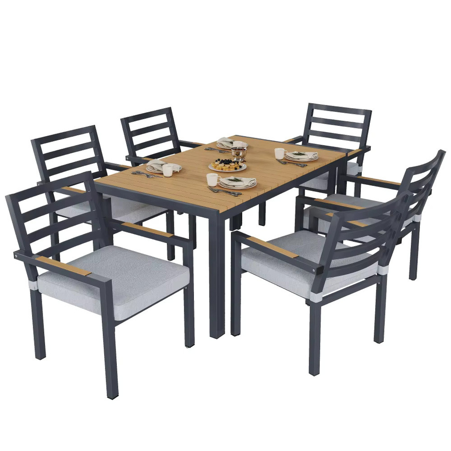 PINGGO Garten-Essgruppe mit 1 Tisch und 6 Stühlen aus Kunststoffholz und verzinktem Eisen in Grau - Bild 2
