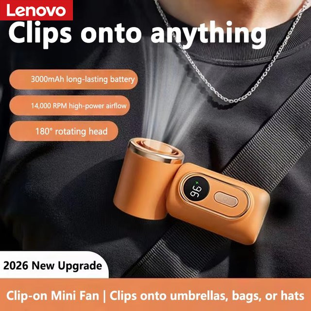 Lenovo Mini-Handventilator mit Kühlclip in Orange, wiederaufladbar - Bild 1