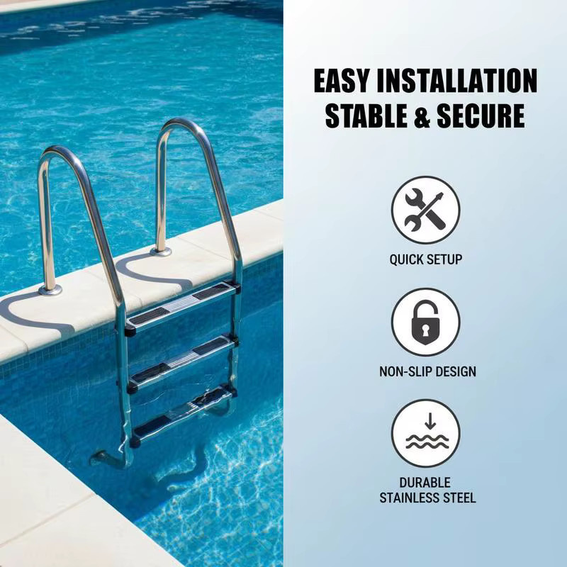 Eingebaute Pooltreppe aus Edelstahl mit 3 Stufen in Silber, rutschfeste Oberfläche und ergonomischer Handlaufkante für Spa und Wasserpark - Bild 3